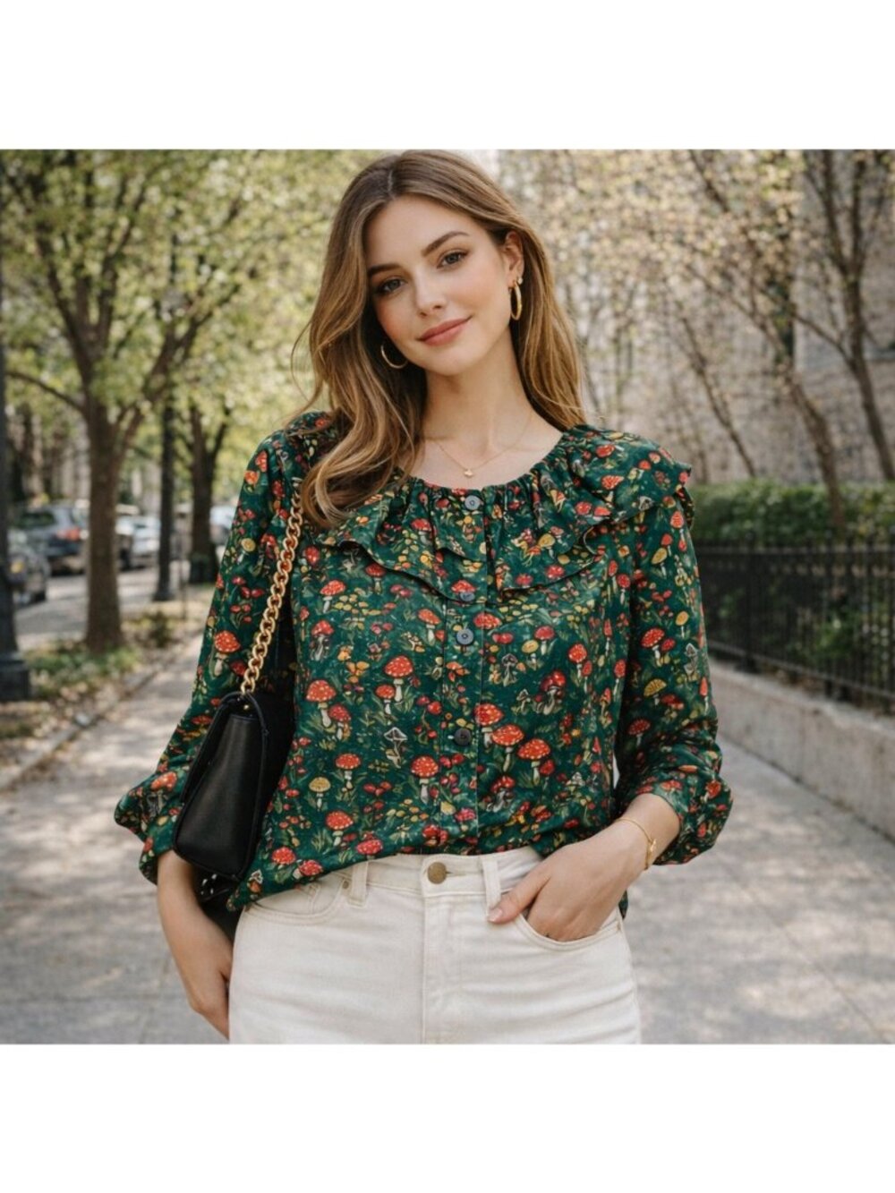 J Crew Collection NWOT Silk Mushroom Print Ruffle Blouse Green XL Cottagecore - Picture 2 of 16